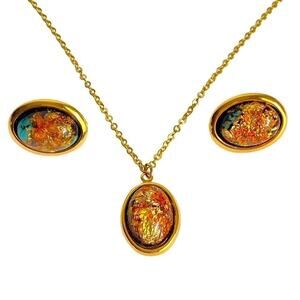 Vintage 60s Dragons Breath Necklace Earrings Set Gold‎ Tone Clip On Estate Piece